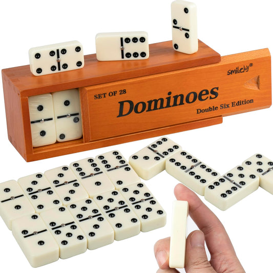 Smilejoy Dominos Set for Adults -Jumbo Size Dominoes Double Six Edition- Classic Board Games- Thick Size Double 6 Domino Set with Deluxe Brown Wood Box, 28 Tiles (2-4 Players)