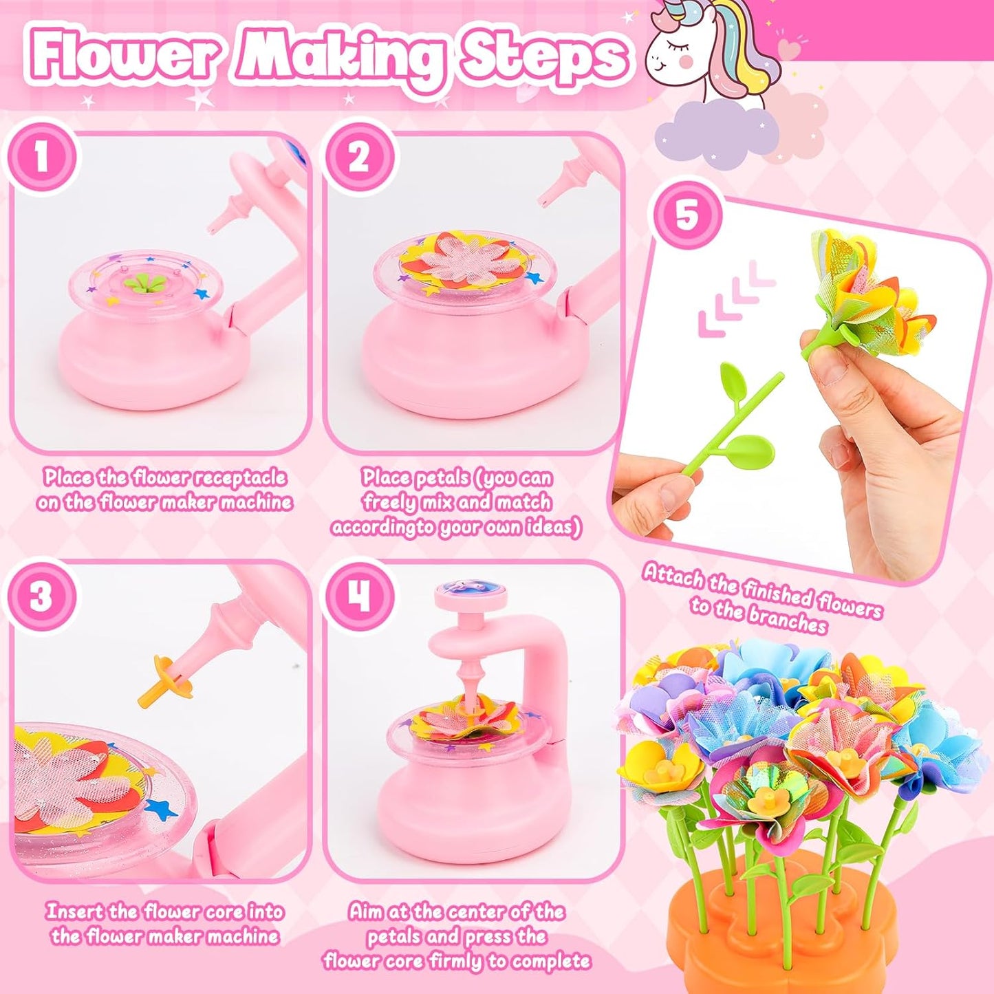 cosone Crafts Kits for Kids Ages 4-8, DIY Fabric Flower Bouquet Kit for 5 6 7 8 Year Girls Unicorn Flower Press Toys Educational Toy Preschool Birthday Gifts for Girls Handmade Activity Set - Pink