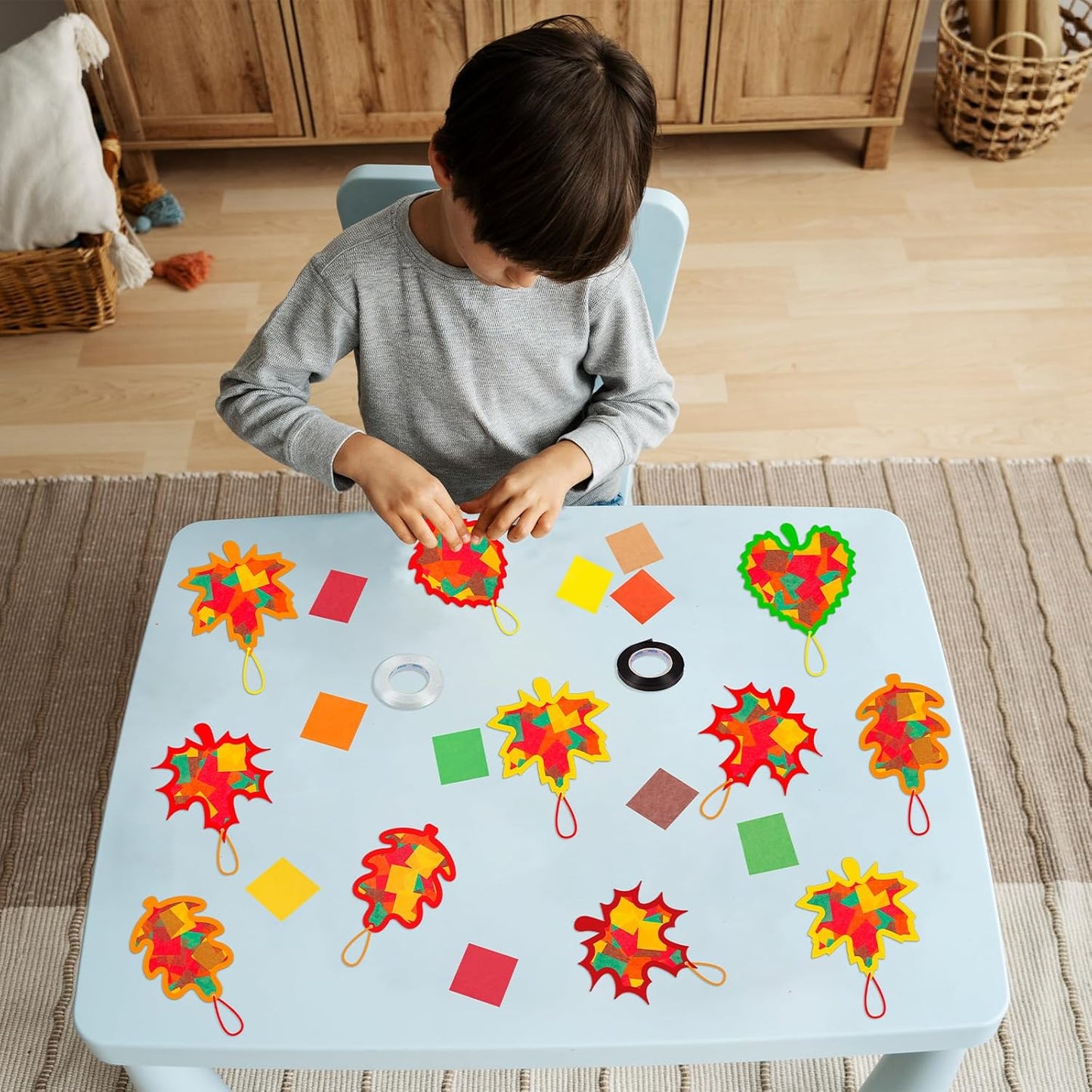 Renbuzhu 40PCS Fall Crafts Bulk: Leaves Paper Suncatchers DIY Kit for Autumn Thanksgiving Activities Decorations, Window Stained Glass Effect Art Supplies(Colorful)