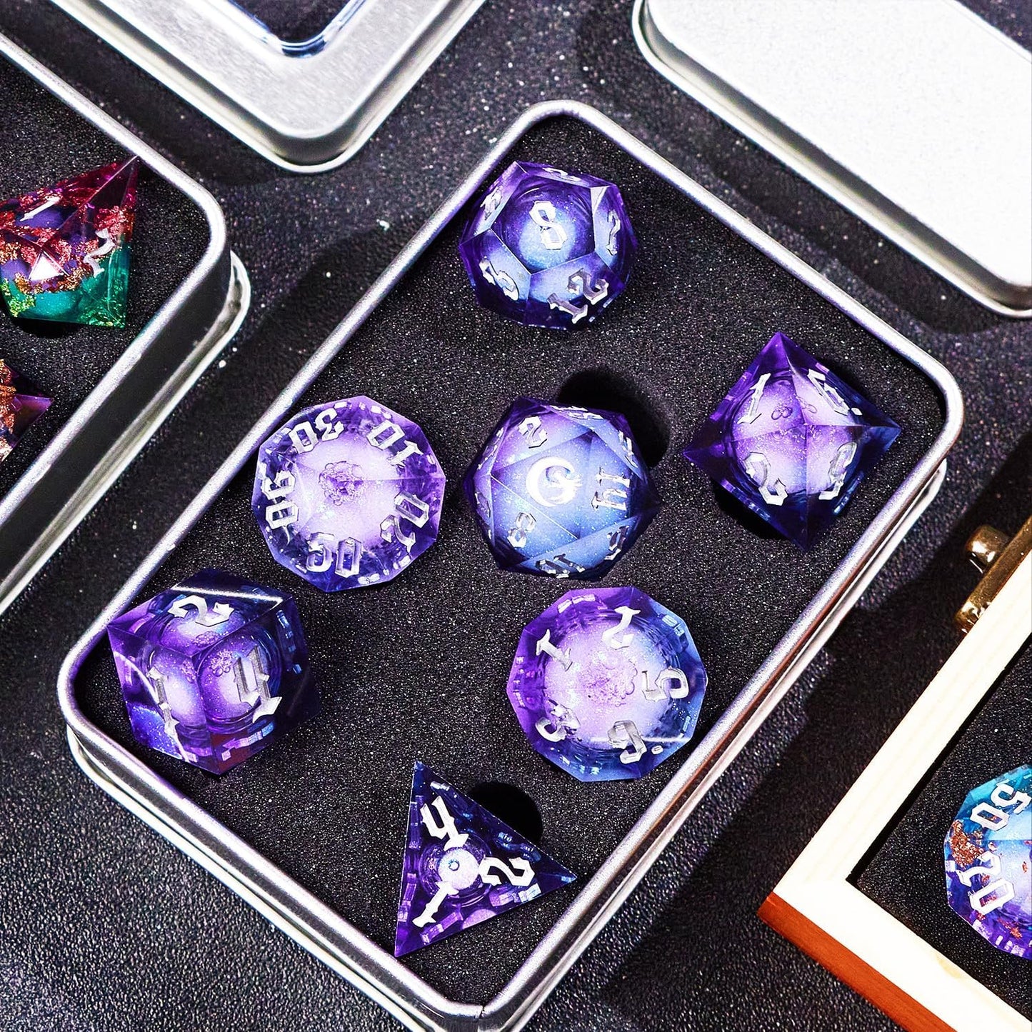 Dark Moon Liquid Core DND Dice Set for Role Playing Games, Polyhedral Dungeons and Dragons Dice Set with Gift Box, Full Liquid Core Resin Sharp Edge D&D Dice Set (InkBlueDice)