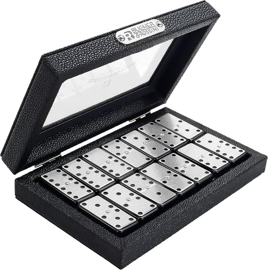 Bucher&Rossini Metal Surface Dominoes Set Double 6 - Classic Black Domino's Game Set with Silver Metal Surface for Adults and Kids Ideal Gift for Domino Players or Family Game Night