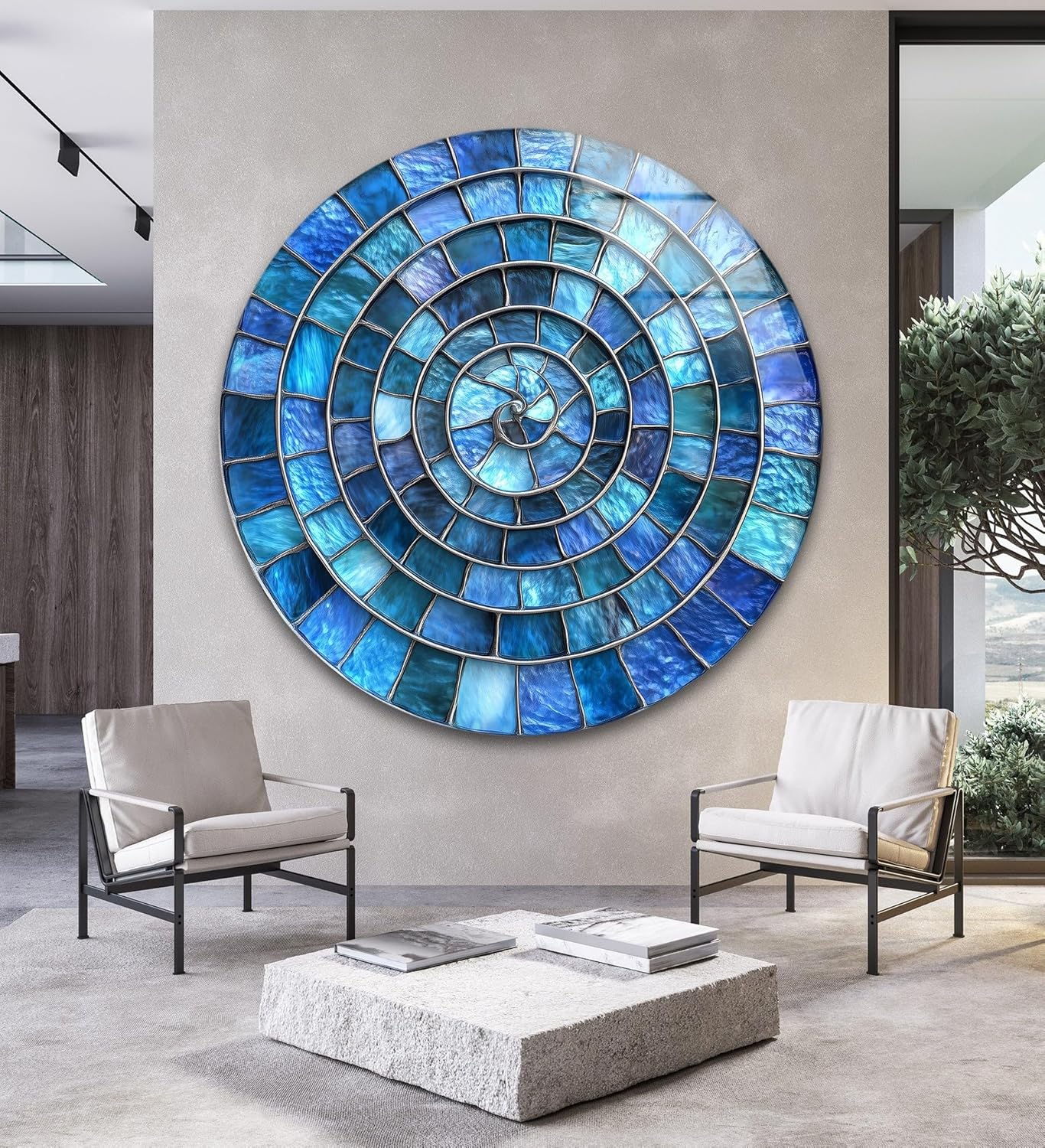 My Photostation.com 31.5''(80cm) Diameter Blue Aqua Spiral Harmony Round Glass Wall Art Tempered Glass Printing Wall Decor Large Wall Art Wall Hangings