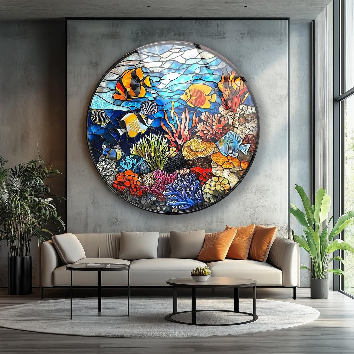My Photostation.com 20''(50cm) Diameter Coral Reef Mosaic Round Glass Wall Art Tempered Glass Printing Wall Decor Large Wall Art Wall Hangings