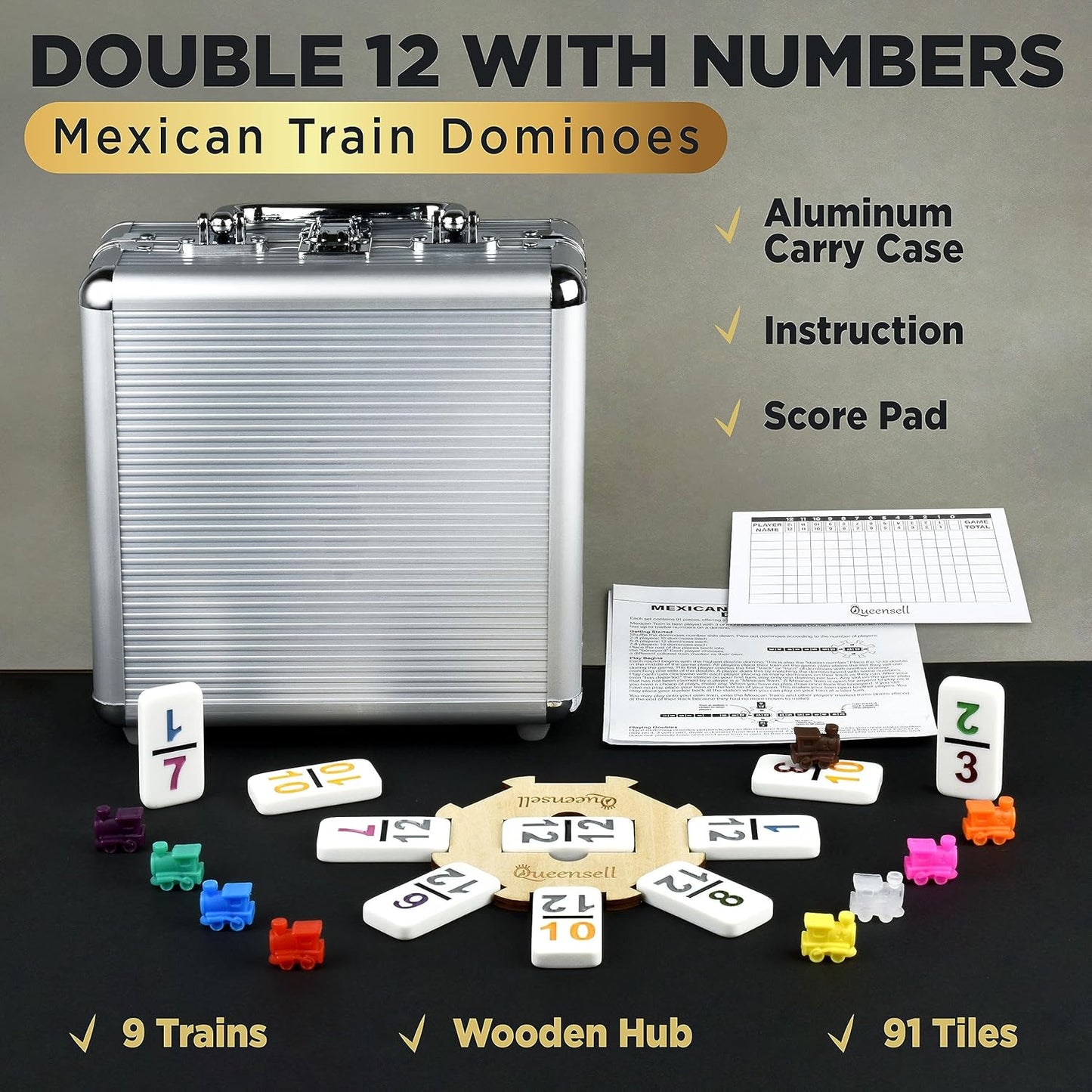 Queensell Mexican Train Dominoes Set with Numbers, Double 12 Dominoes Sets for Adults, Mexican Domino Train for Adults and Family - Domino Sets 91 Tiles with Aluminum Case