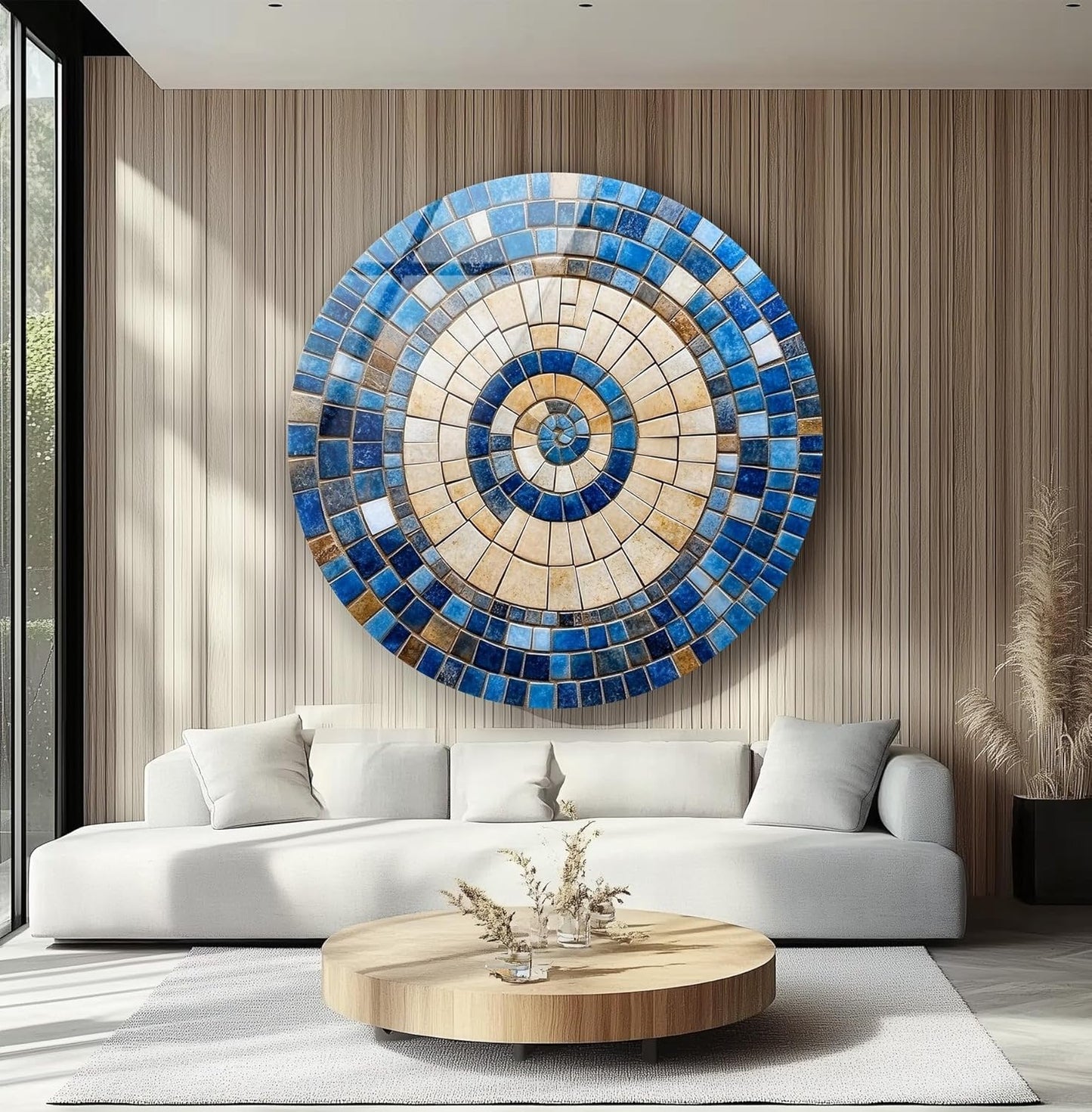 My Photostation.com 31.5''(80cm) Diameter Coastal Sunburst Beige & Blue Round Glass Wall Art Tempered Glass Printing Wall Decor Large Wall Art Wall Hangings