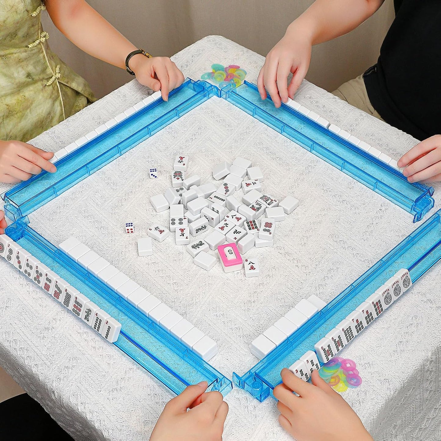 Mahjong Racks with Pushers,Blue Acrylic American Majiang Tile Racks,Imports Modern Mahjong Racks with Built-in Pushers- Set of 4