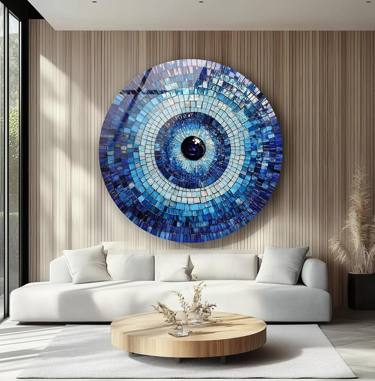 My Photostation.com 10''(25cm) Diameter Blue Mosaic Evil Eye Round Glass Wall Art Tempered Glass Printing Wall Decor Large Wall Art Wall Hangings