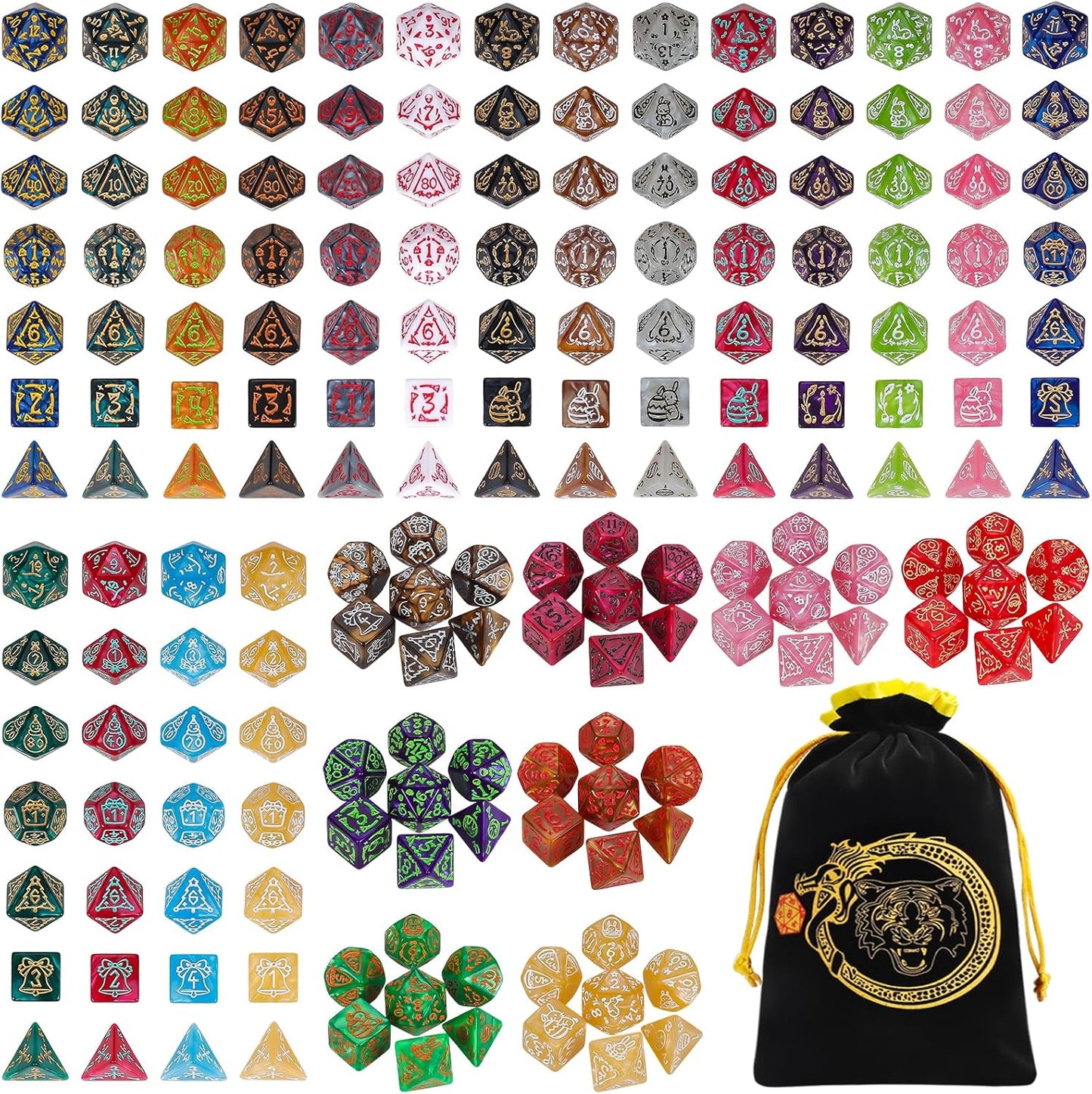 CiaraQ DND Dice Sets - 26 X 7 Polyhedral Dice (182pcs) with a Large Drawstring Bag for Dungeons and Dragons, Role Playing Table Game. Multiple Colors, Christmas/Halloween/Easter/Holiday Themed Dice