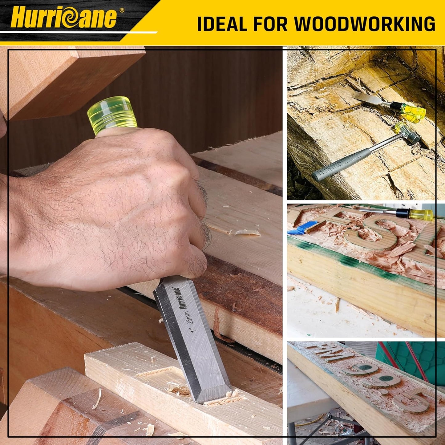 HURRICANE 4 Piece Wood Chisel Set for Woodworking. CR-V Steel Beveled Edge Blades with Safety Caps. Extra Large Grip, Impact-Resistant PVC Handle Chisels (1/4", 1/2", 3/4", 1")