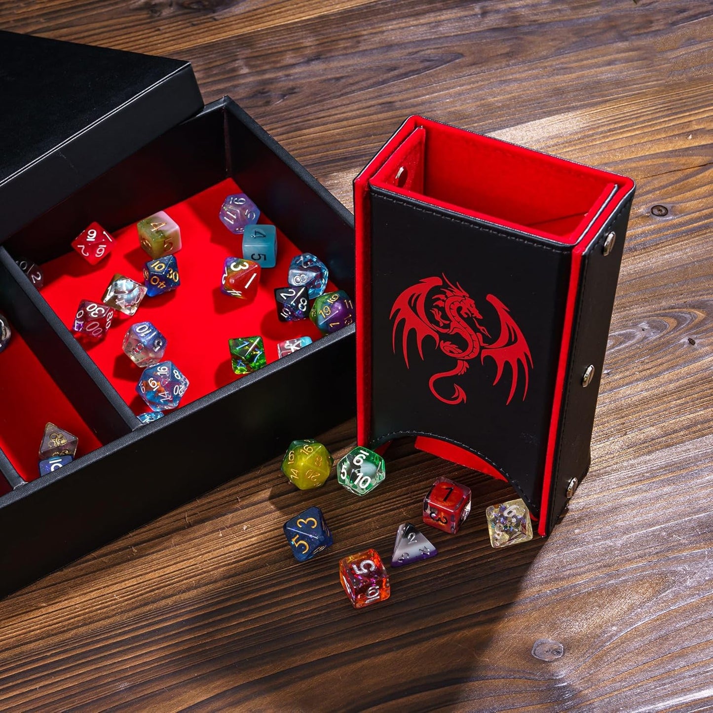 4 in 1 D&D Storage Dice Box Portable Rolling Tray and Dice Tower, Leather DND Holder Case for Role Playing Games Table Games - Red
