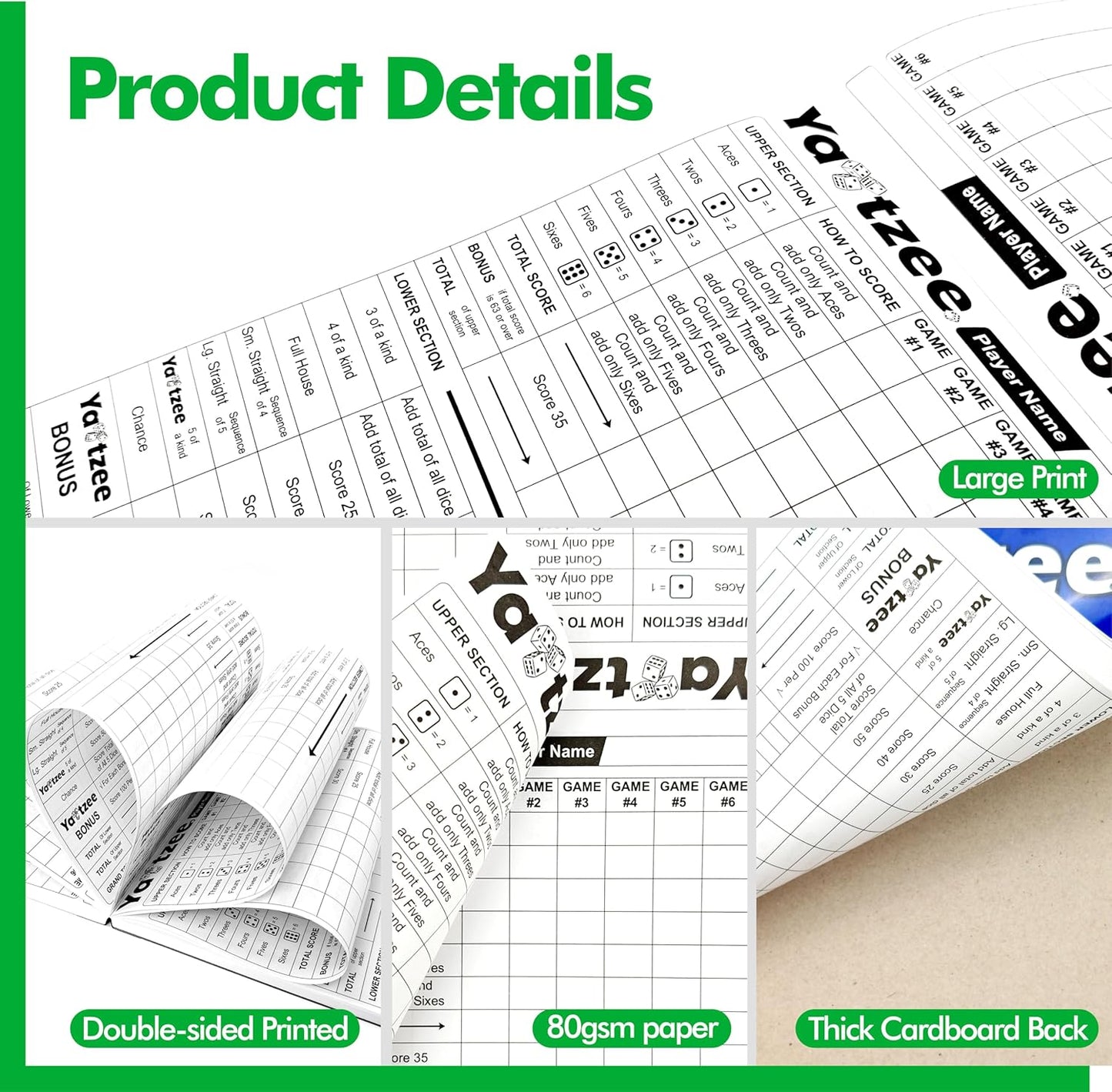 Gethelud 110 Sheets Score Pad for Yahtzee, 220 Tear-Off Pages Score Pad Large Print Score Keeper, Compatible for Yahtzee and Yardzee (6” x 9”)