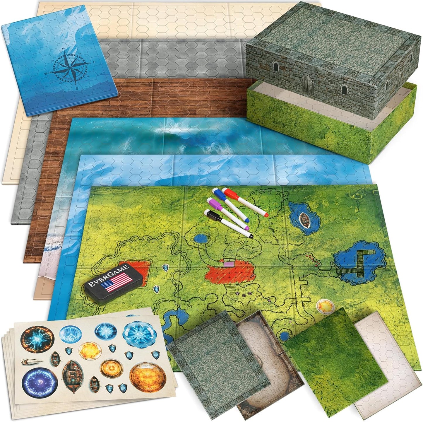 10 DND Game Mats and a lot More - Includes 6 Dungeons & Dragons Board Game Battle Maps (1" Hex Grid), Huge Size 22x26-4 3D Battle Arenas, 140+ Reusable Stickers, 4 Markers & Eraser, by EverGame