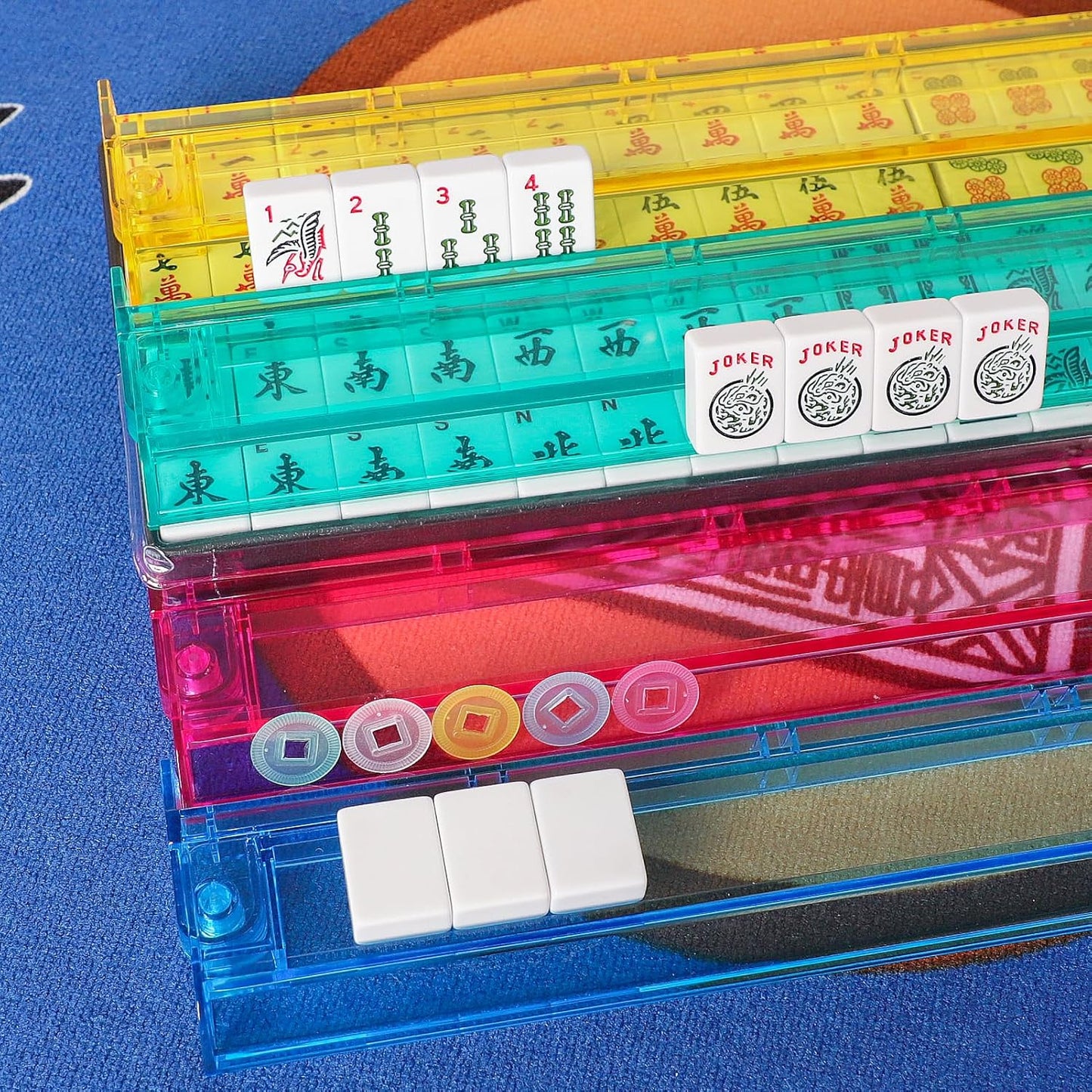 American Mahjong Game Set, 166 White Tiles, 4 All-in-One Color Rack/Pushers, Complete Mahjong Tile Set, Printed Carrying Bag