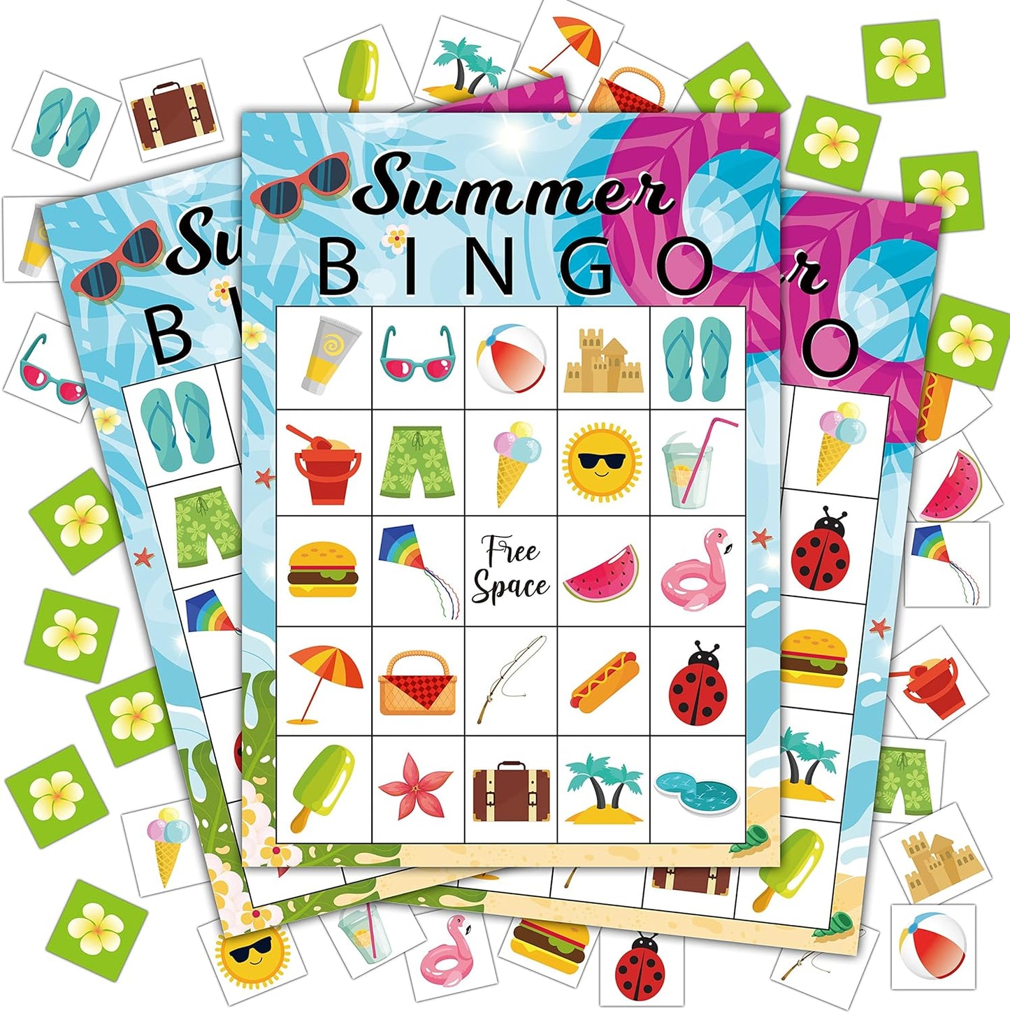 Summer Bingo Cards, Summer Party Games Bingo Cards for Birthday Party, Beach Party Favors Supplies Decorations, 24 Players Bingo Game (A01)