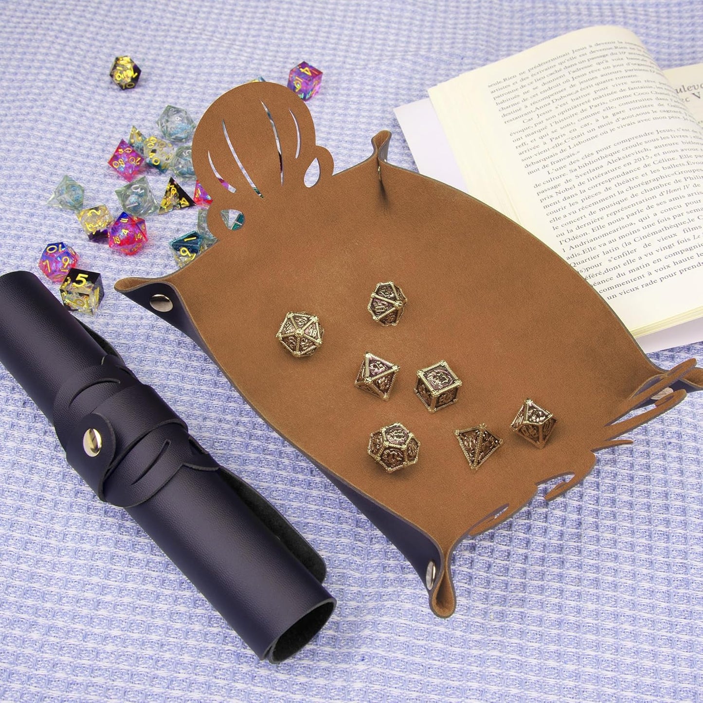 SIQUK 2 Pieces Octopus Dice Rolling Tray PU Leather Dice Mat Folding Scroll Dices Holder Trays for D&D RPG Games (Camel, Black)