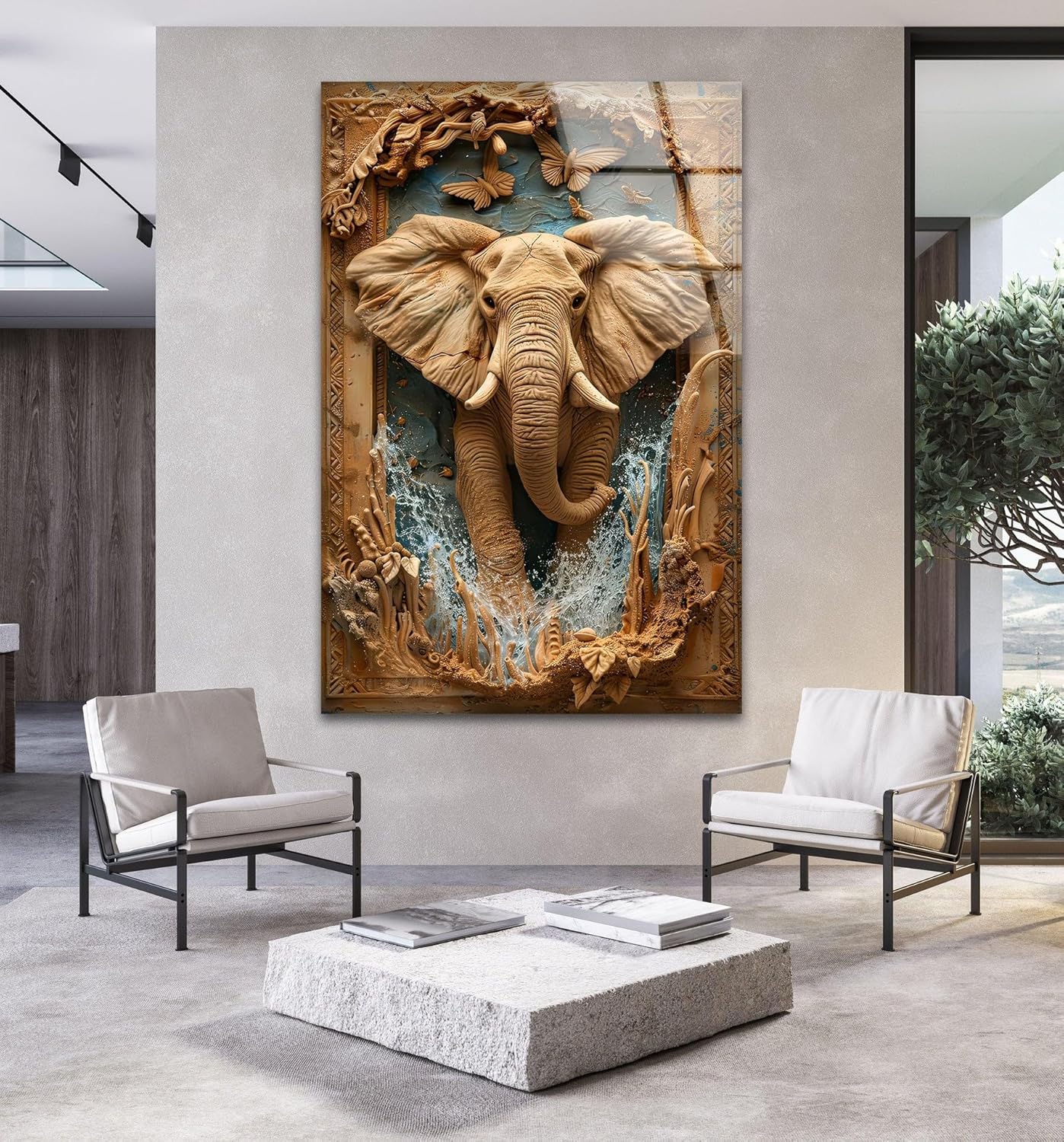 My Photostation.com Round 31,5'' Elephant Carving Glass Wall Art Tempered Glass Printing Wall Decor Large Wall Art Wall Hangings