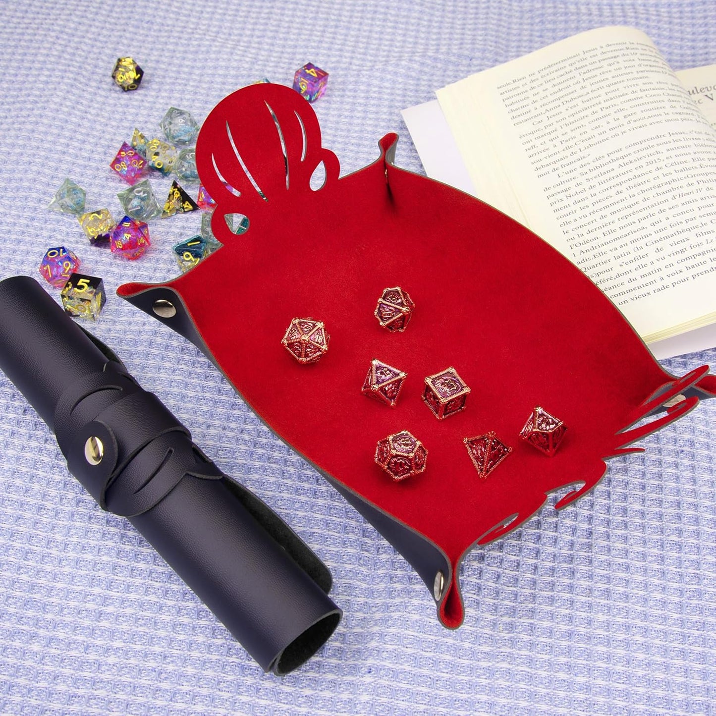 SIQUK 2 Pieces Octopus Dice Rolling Tray PU Leather Dice Mat Folding Scroll Dices Holder Trays for D&D RPG Games (Black, Red)