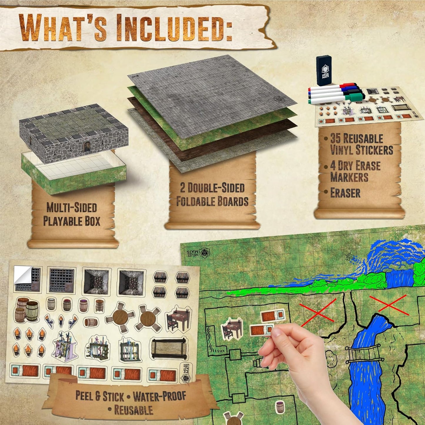 Melee Mats DND Map Starter Kit - 22” x 26" Double Sided, Wet/Dry Erase Battle Terrain Grid - Ultimate Tabletop Board Gaming Experience with Accessories