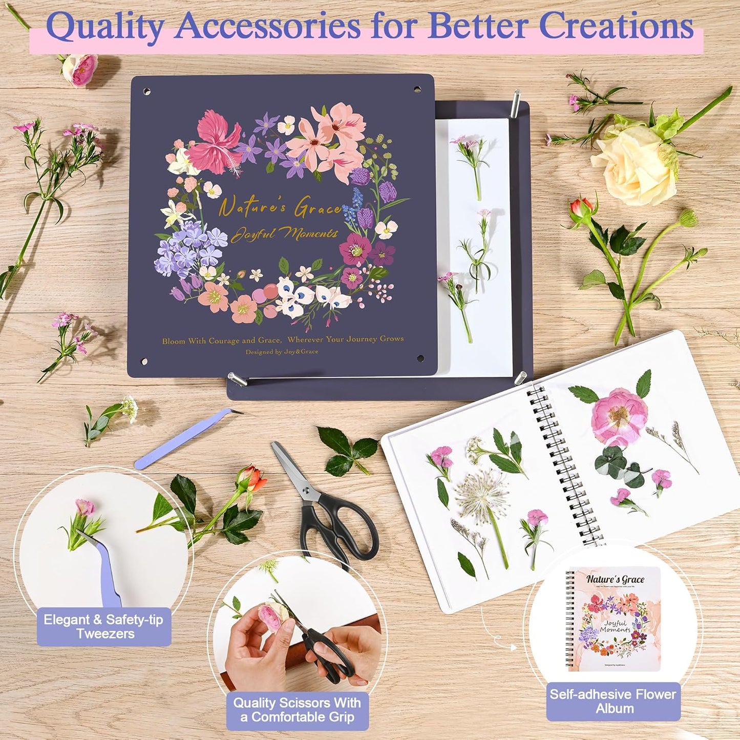 Joy&Grace Flower Press Kit for Adults & Kids, with Designed Cover and DIY Album, 10.9" x 10.9" 10 Layers Flower Preservation Kit, Plant Press and Large Plant Drying Toolkit (Color Box, Purple Navy)