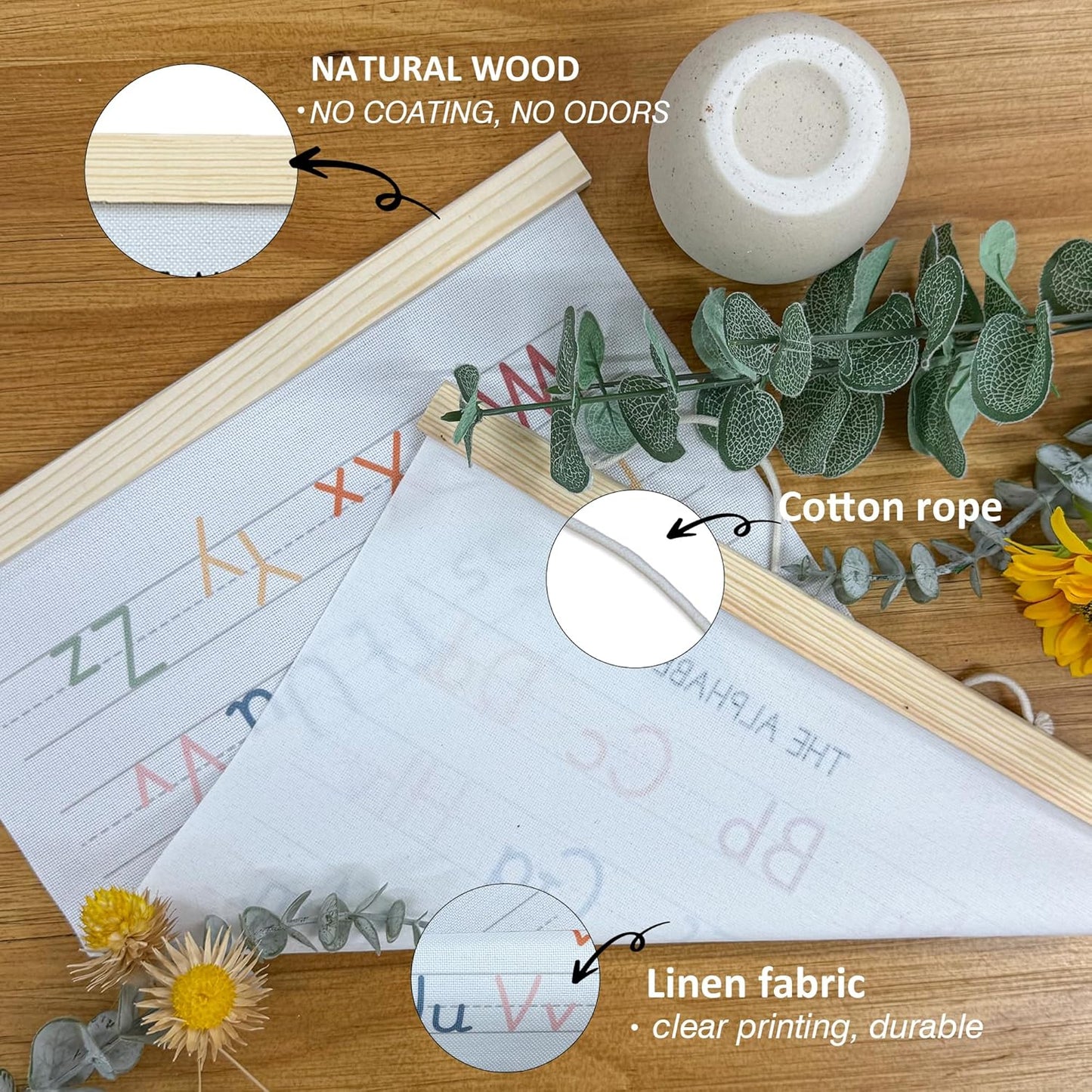 BONETAT Numbers alphabet poster for Nursery Toddlers,Correct Letter Formation on Line Paper, Play Room Wall Decor,ABC Wall Chart,Preschool Homeschool Decor Kids Wall Decor,Wooden Alphabet Banner-A10