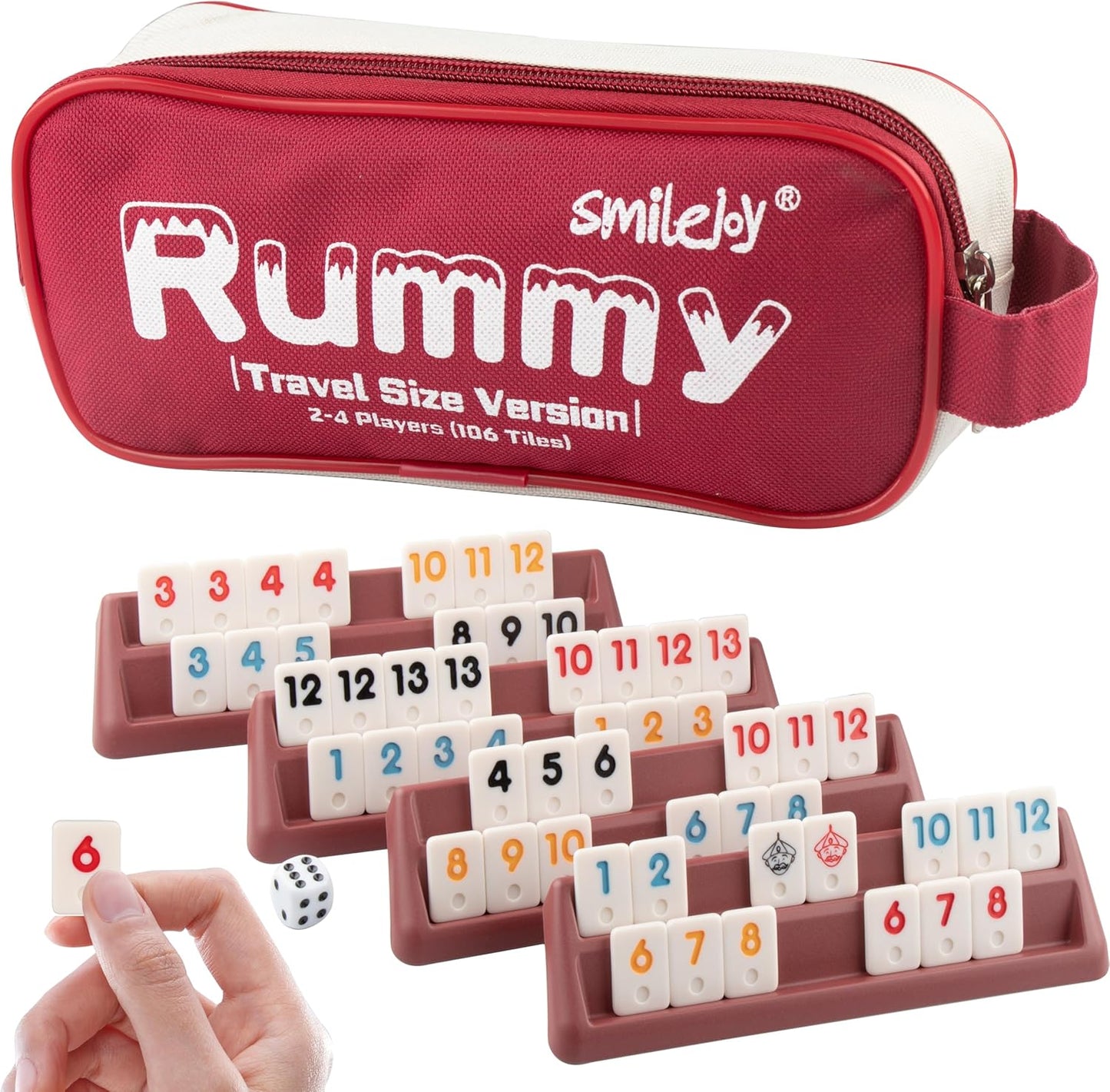Smilejoy Mini Rummy Cube 4 Players Edition,Travel Rummy Game Set with Portable Canvas Bag,Classic Board Game for Adults and Kids |106 Tiles | 4 Playing Racks |1 Dice | (2-4 Player) ﻿