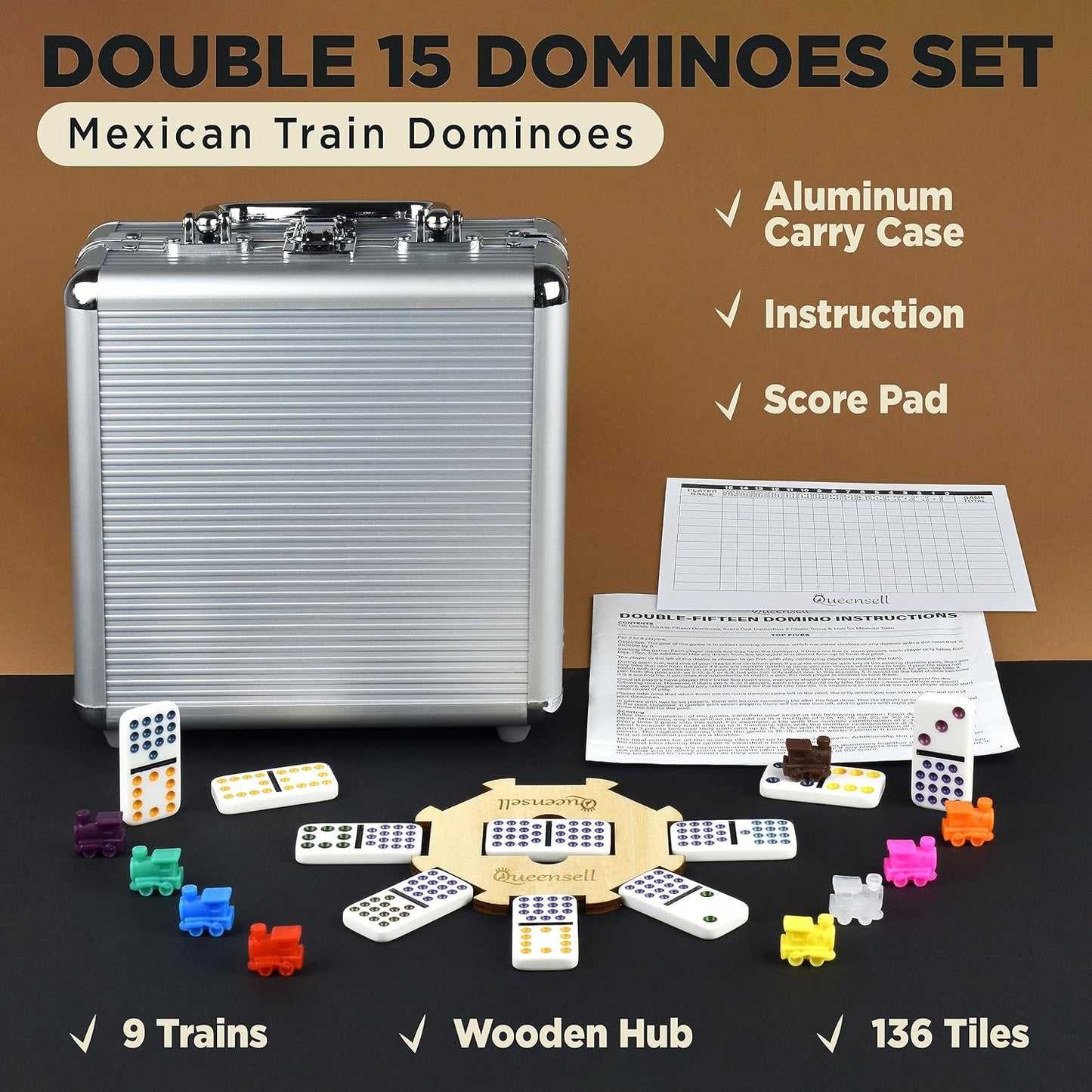 Queensell Mexican Train Dominoes - 136 Colored Dot Double 15s, 9 Trains, Wooden Hub, Aluminum Case