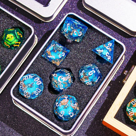 The Moon of Mystery Liquid Core DND Dice Set – Unique Resin Dice for Dungeons & Dragons – Blue Galaxy Moon Dice Set for D&D Gifts