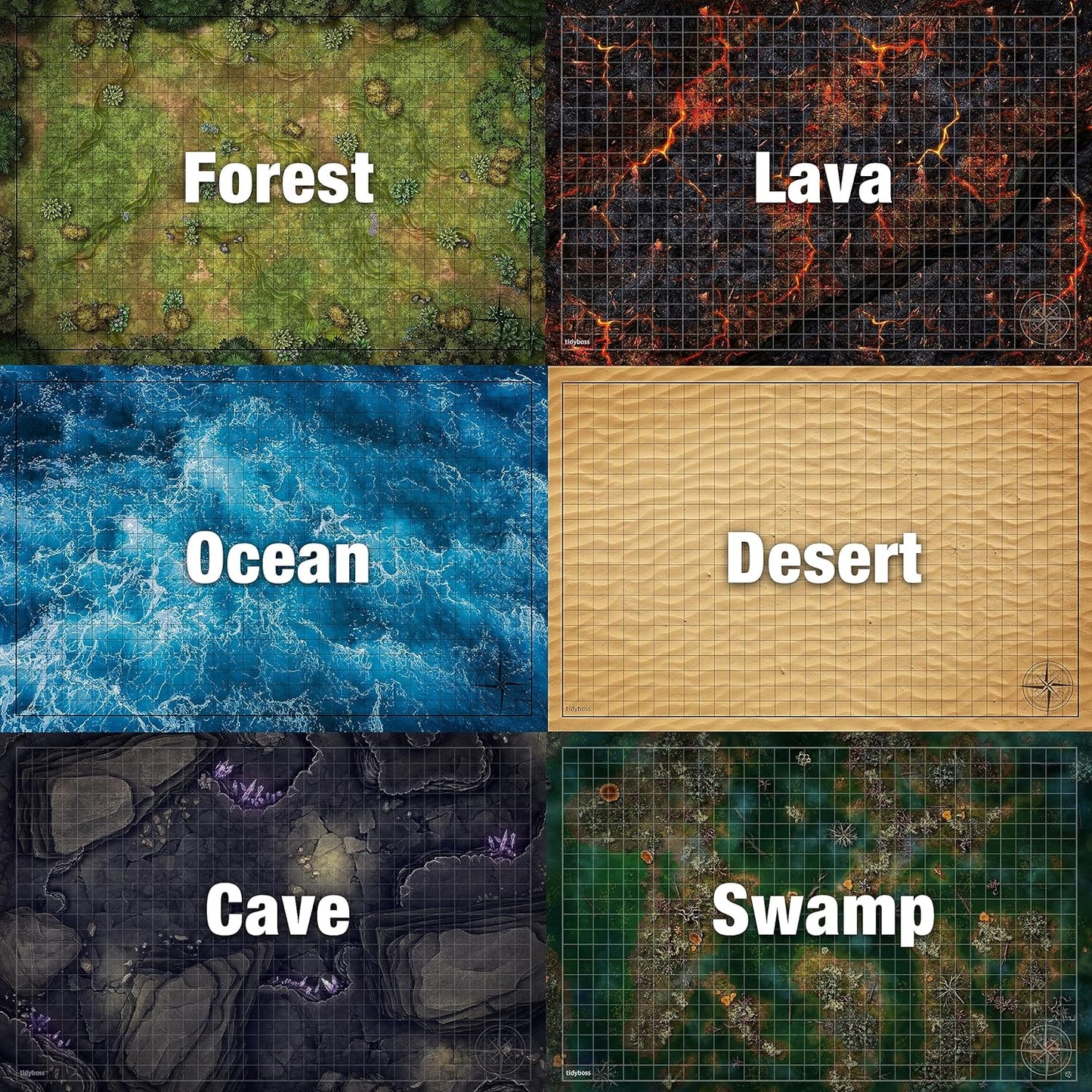 Tidyboss DND Expansion Pack | 3 X Double Sides 24x 36 Game Grid Mat | 6 Terrains with Lava, Sea, Forest, Cave, Swamp and Desert | Includes 2 x Dry Erase Markers, Eraser and Clips